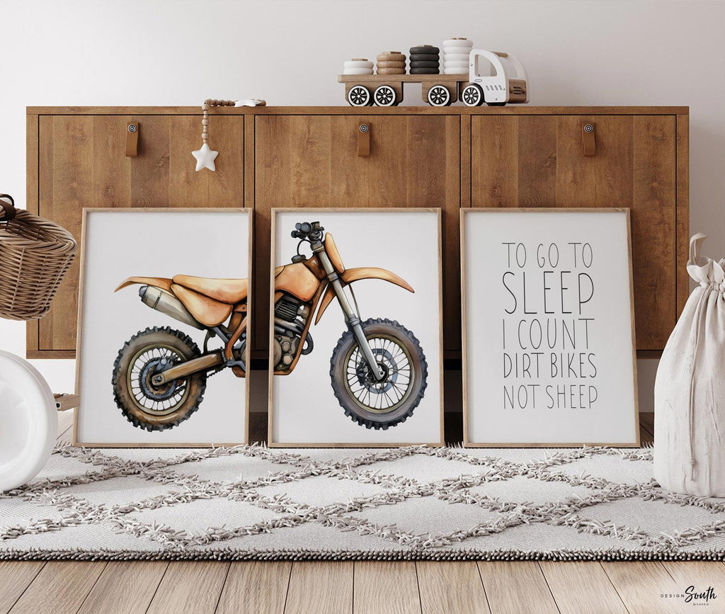 Brown dirt bike wall art set of 3, motocross prints with quote ‘To go to sleep I count dirt bikes not sheep,’ boys nursery decor