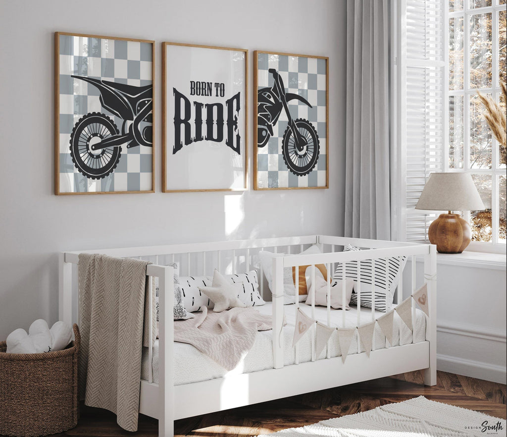 Dirt bike wall art set of 3, motocross diptych with gray checkered backgrounds and quote print ‘Born to Ride,’ boys room decor