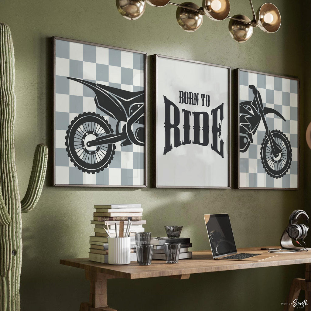 Dirt bike wall art set of 3, motocross diptych with gray checkered backgrounds and quote print ‘Born to Ride,’ boys room decor