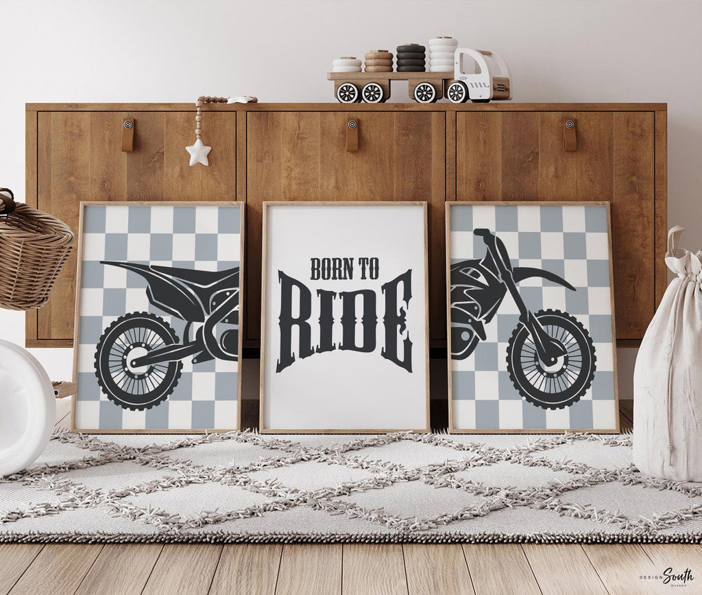 Dirt bike wall art set of 3, motocross diptych with gray checkered backgrounds and quote print ‘Born to Ride,’ boys room decor