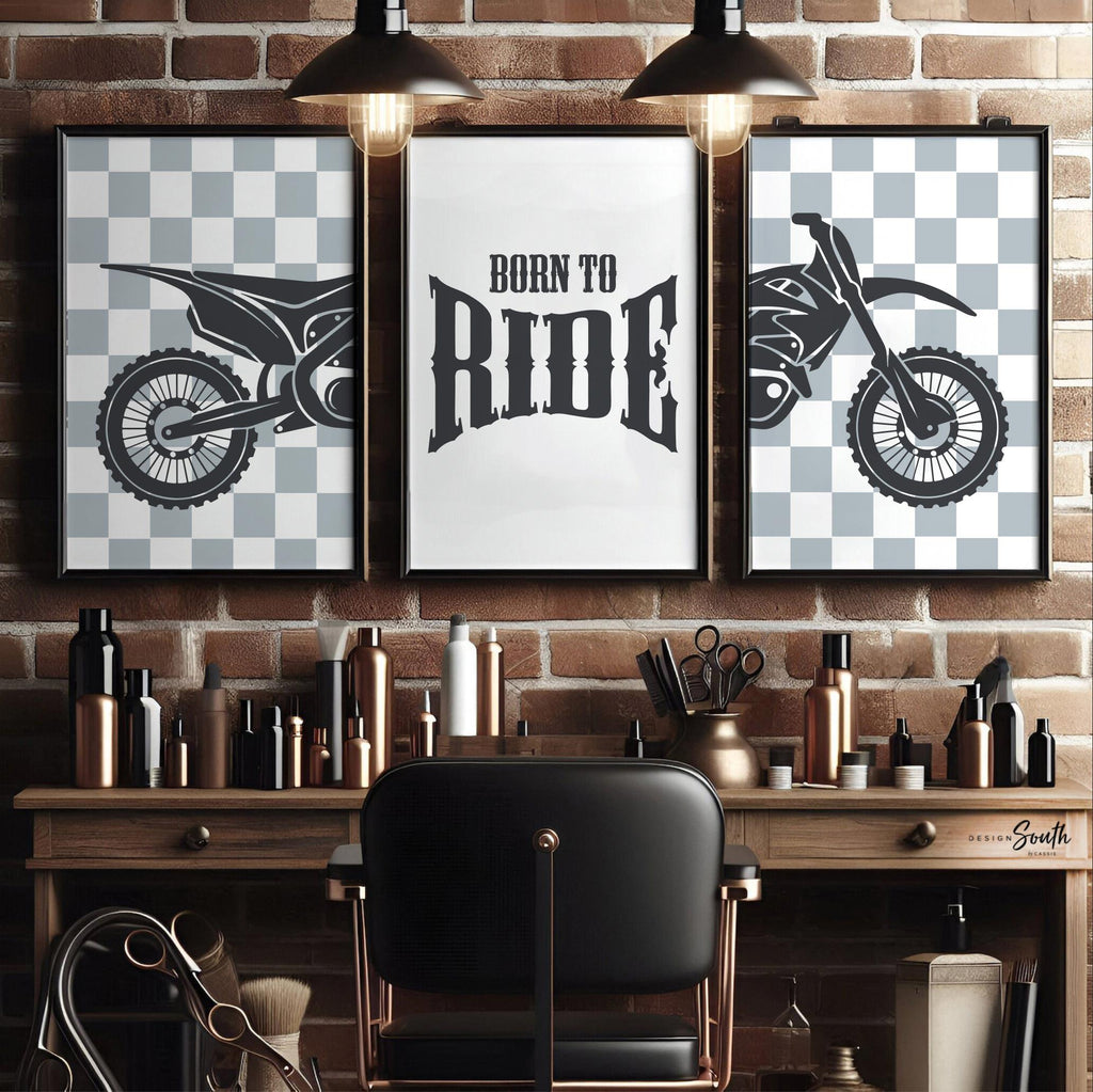 Dirt bike wall art set of 3, motocross diptych with gray checkered backgrounds and quote print ‘Born to Ride,’ boys room decor