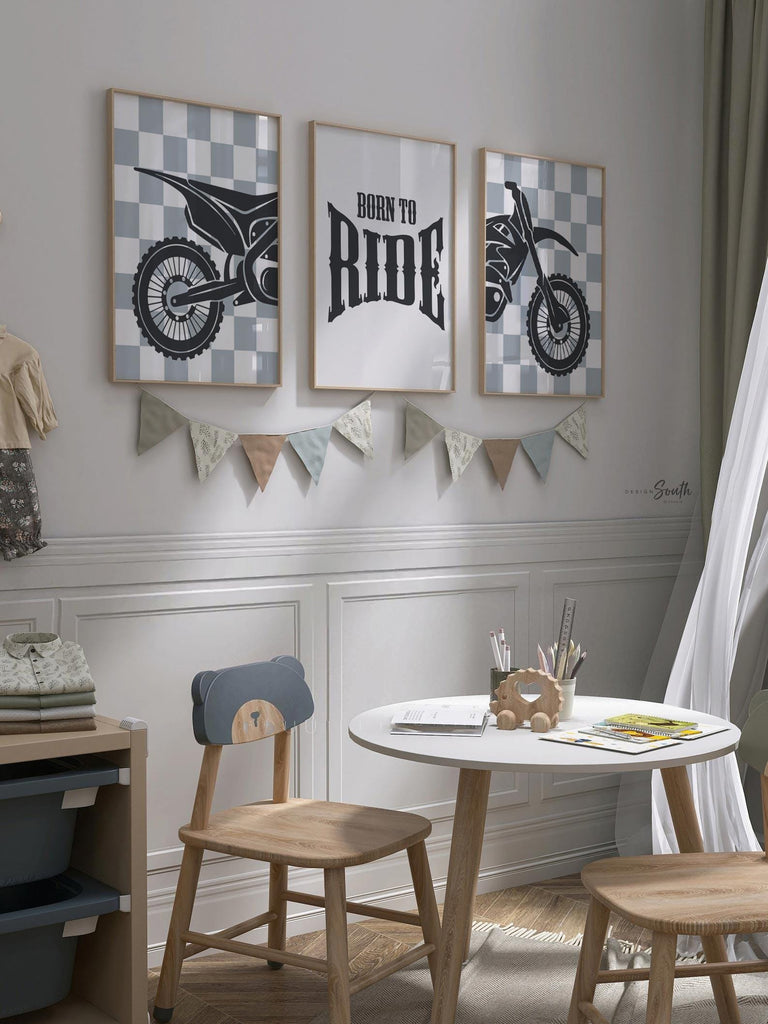 Dirt bike wall art set of 3, motocross diptych with gray checkered backgrounds and quote print ‘Born to Ride,’ boys room decor