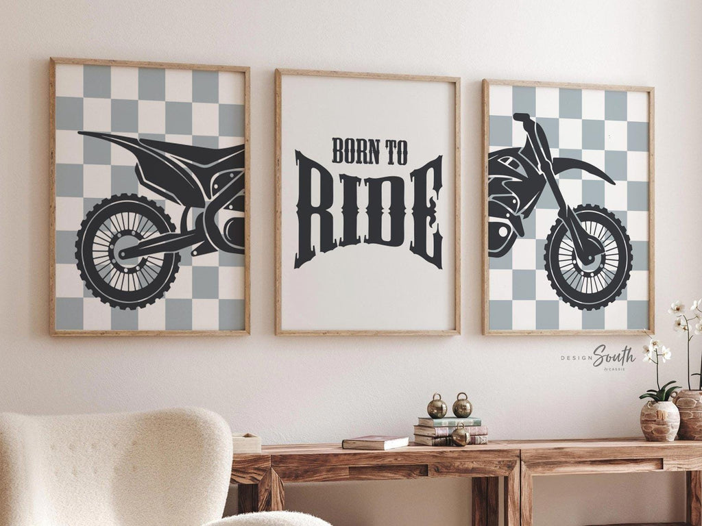 Dirt bike wall art set of 3, motocross diptych with gray checkered backgrounds and quote print ‘Born to Ride,’ boys room decor