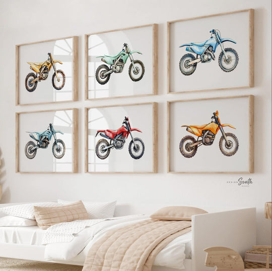 Dirt bike wall art set 6, motocross prints boys room nursery, dirt bike bedroom decor, motocross racing wall art gift, dirt bike collection