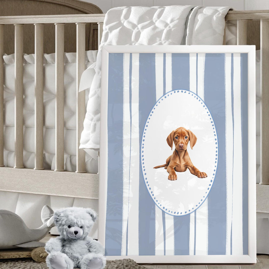 Hungarian Vizsla pointer wall art, bird dog nursery decor, baby blue stripe print set, toddler boy room, Vizsla dog art