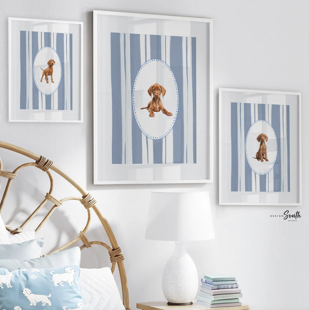 Hungarian Vizsla pointer wall art, bird dog nursery decor, baby blue stripe print set, toddler boy room, Vizsla dog art
