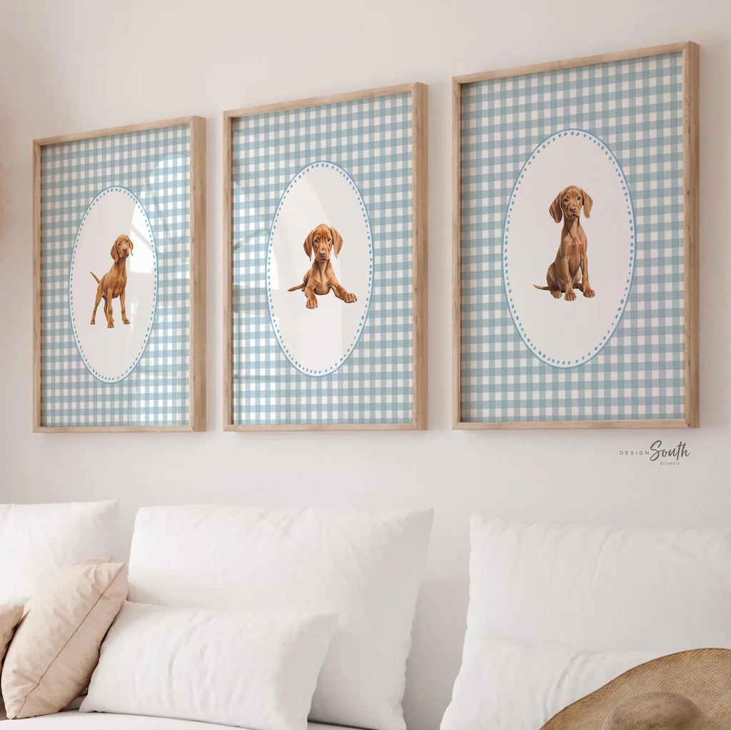 Vizsla dog wall art set, Hungarian pointer nursery prints, blue gingham pattern decor, toddler boy room, bird dog artwork