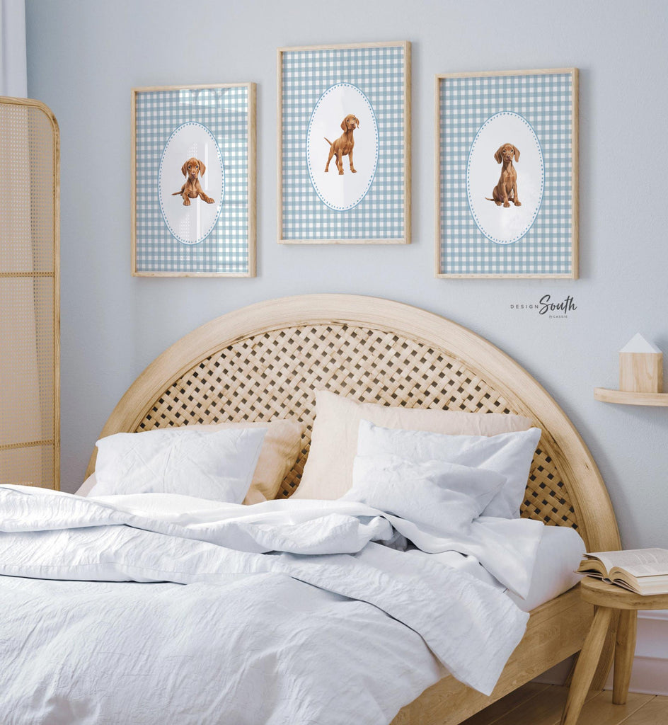 Vizsla dog wall art set, Hungarian pointer nursery prints, blue gingham pattern decor, toddler boy room, bird dog artwork