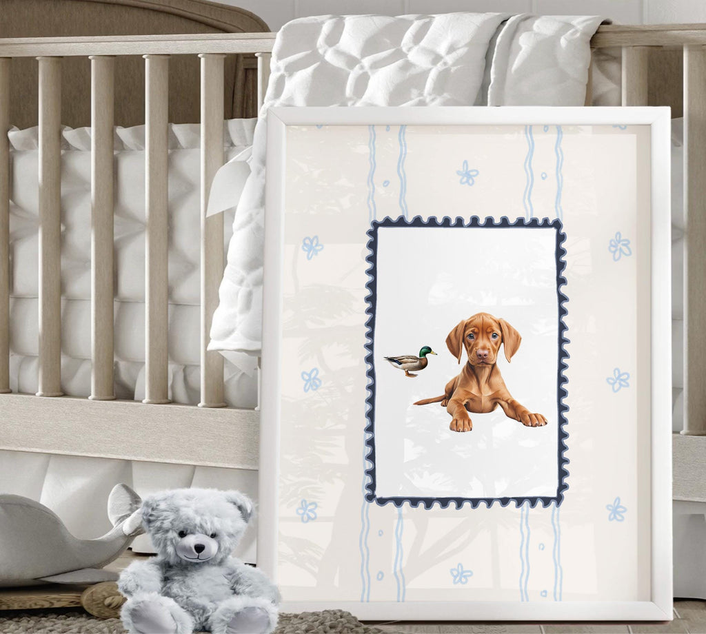Hungarian Vizsla pointer wall art, bird dog nursery decor, duck hunter print set navy blue ivory whimsical, boy room Vizsla dog mallard duck