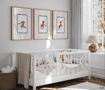 Hungarian Vizsla pointer wall art, bird dog nursery decor, duck hunter print set navy blue ivory whimsical, boy room Vizsla dog mallard duck