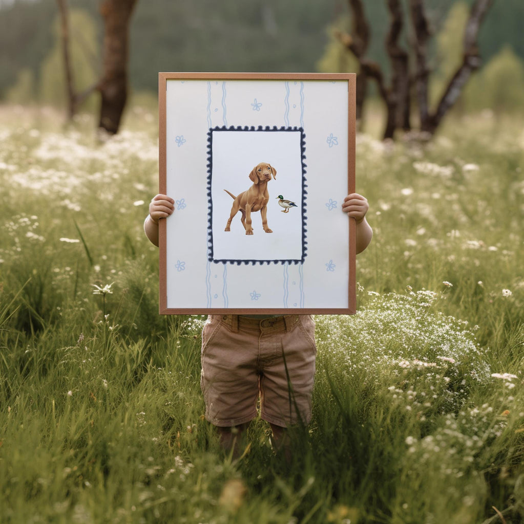 Hungarian Vizsla pointer wall art, bird dog nursery decor, duck hunter print set navy blue ivory whimsical, boy room Vizsla dog mallard duck