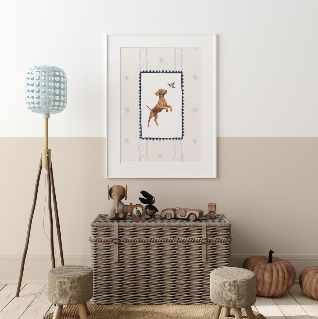 Hungarian Vizsla pointer wall art, bird dog nursery decor, duck hunter print set navy blue ivory whimsical, boy room Vizsla dog mallard duck