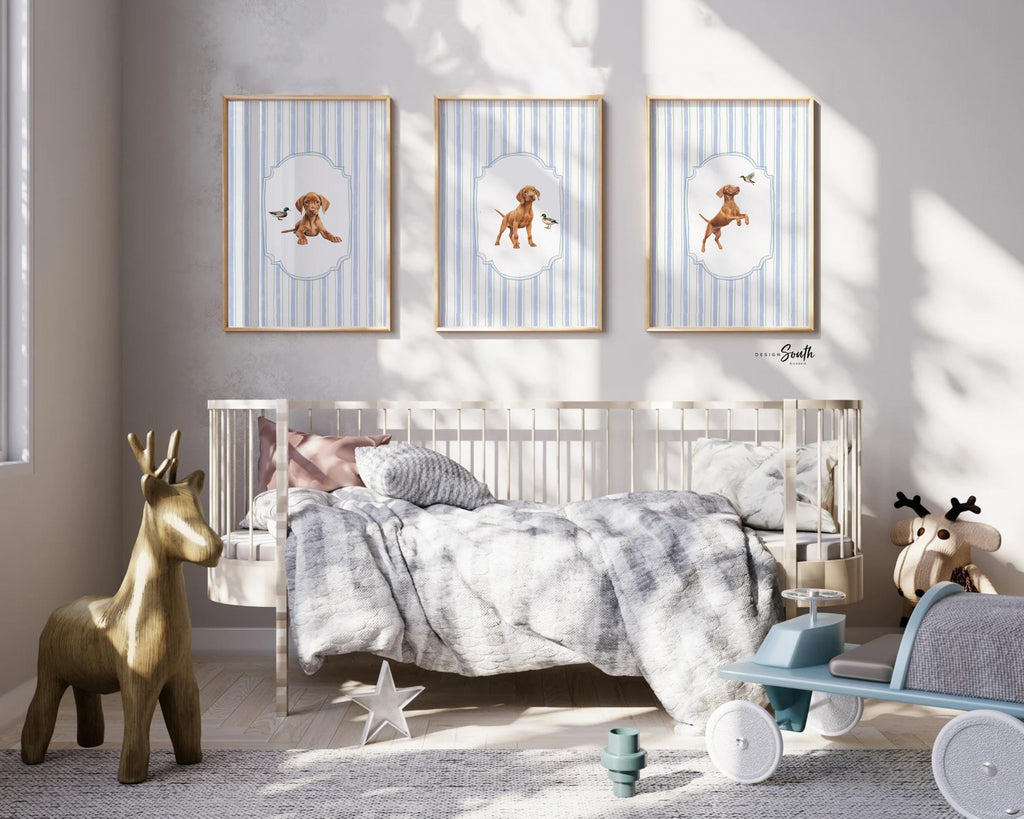 Hungarian Vizsla pointer wall art, bird dog nursery decor, duck hunting print set baby blue stripes, toddler Vizsla dog and mallard duck art