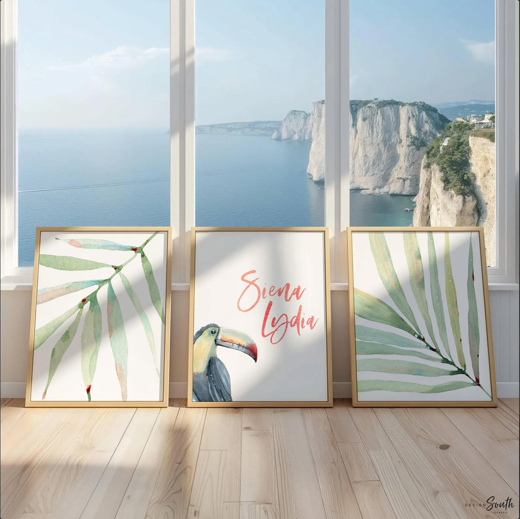 Toucan print art set, above crib tropical wall, tropical nursery decor, baby room decor, newborn nursery pink and green tropical themed art