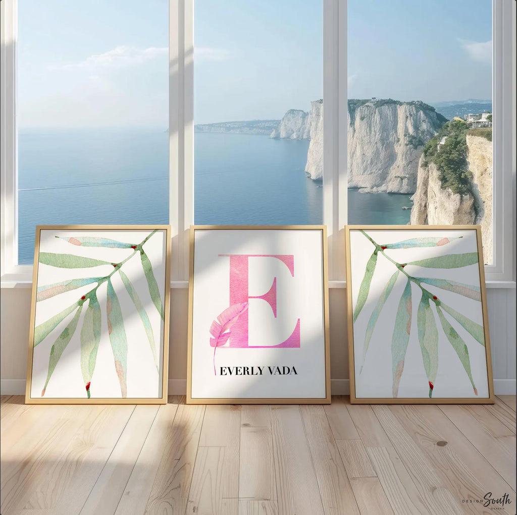 Girl tropical plants initial name nursery decor, tropical leaf watercolor decor, girls nursery tropical theme, pink tropics nursery baby art