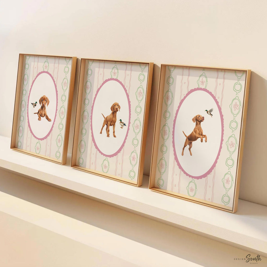 Vizsla dog wall art set, Hungarian pointer prints for baby girl nursery, blush pink bedroom decor, toddler girl room, Vizsla lover gift