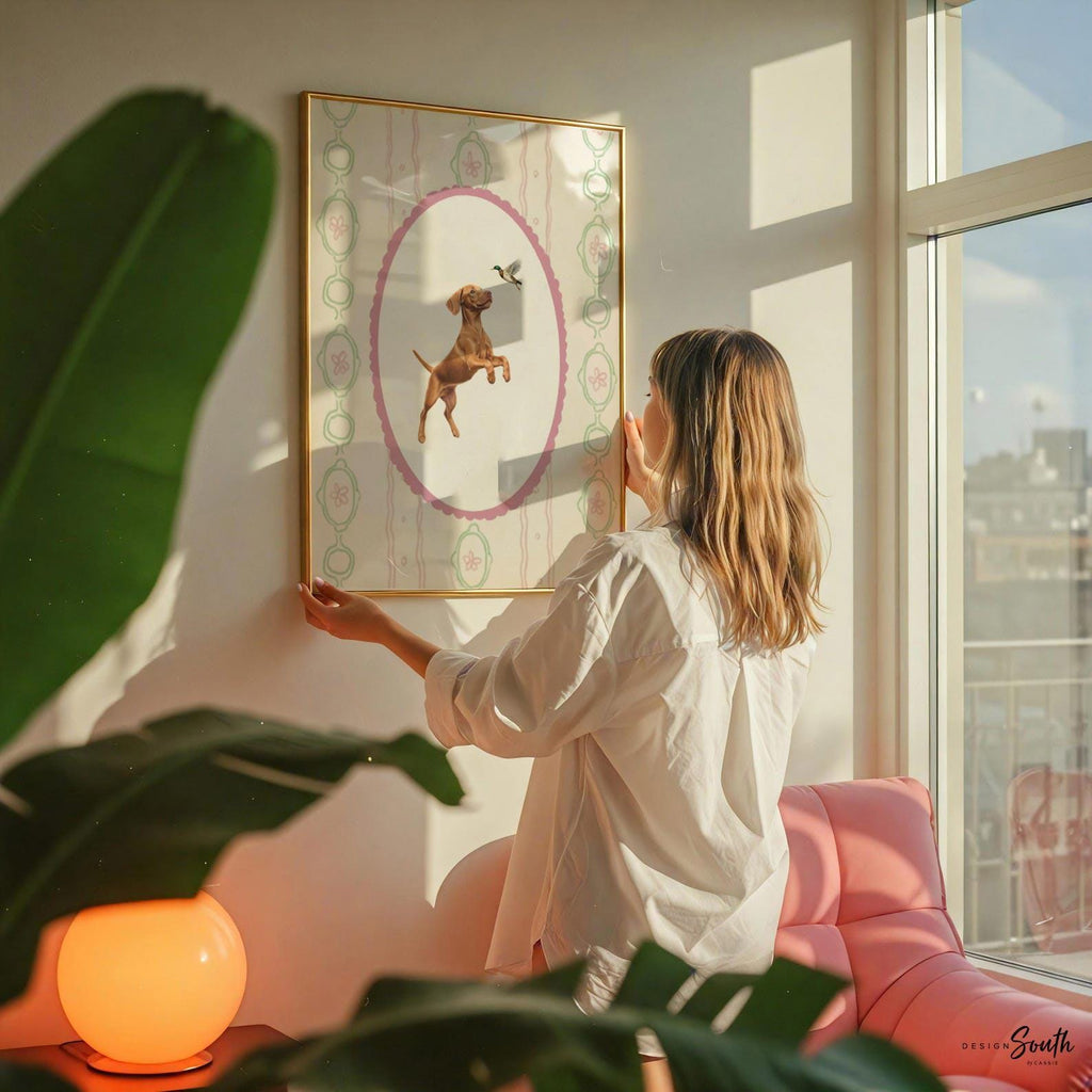 Hungarian Vizsla pointer wall art, bird dog nursery decor, baby blue stripe print set, toddler boy room, Vizsla dog art