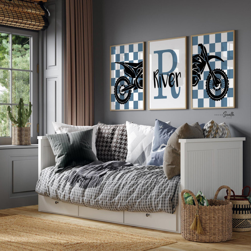 Dirt bike room, customized name motocross dirt bike wall art boys room, dirt bike theme bedroom playroom nursery, boys gift dirt bike blue
