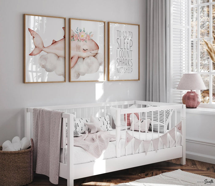 Girl Pink Shark Nursery Art Prints: Watercolor Ocean Theme, 'To Go To Sleep I Count Sharks Not Sheep' Quote
