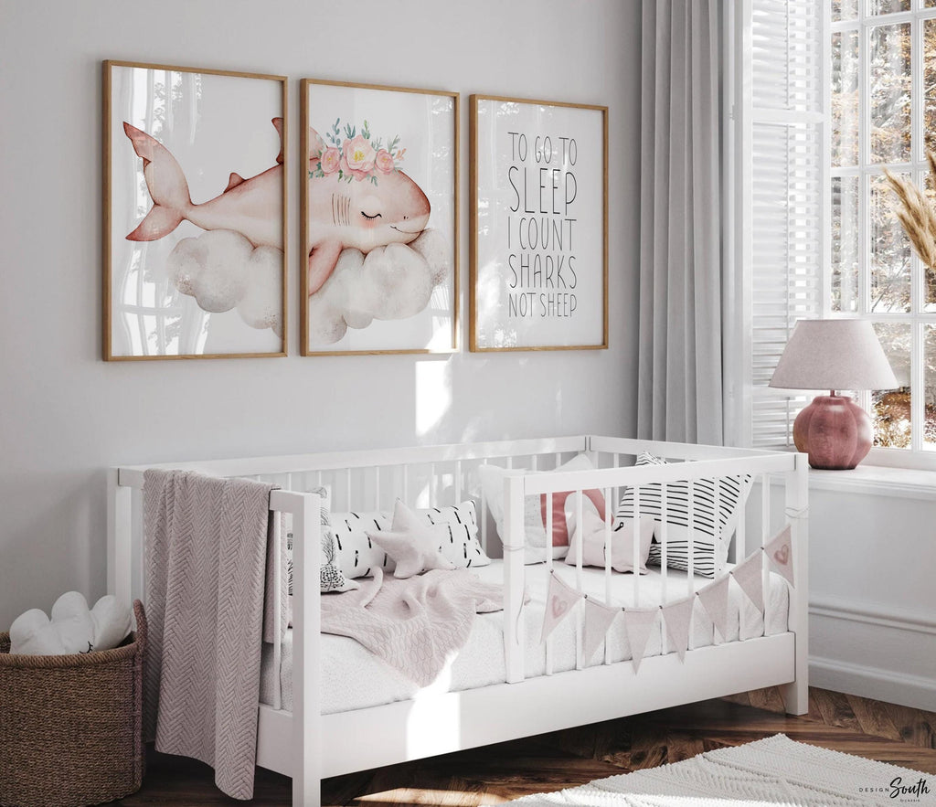 Girl Pink Shark Nursery Art Prints: Watercolor Ocean Theme, &#39;To Go To Sleep I Count Sharks Not Sheep&#39; Quote