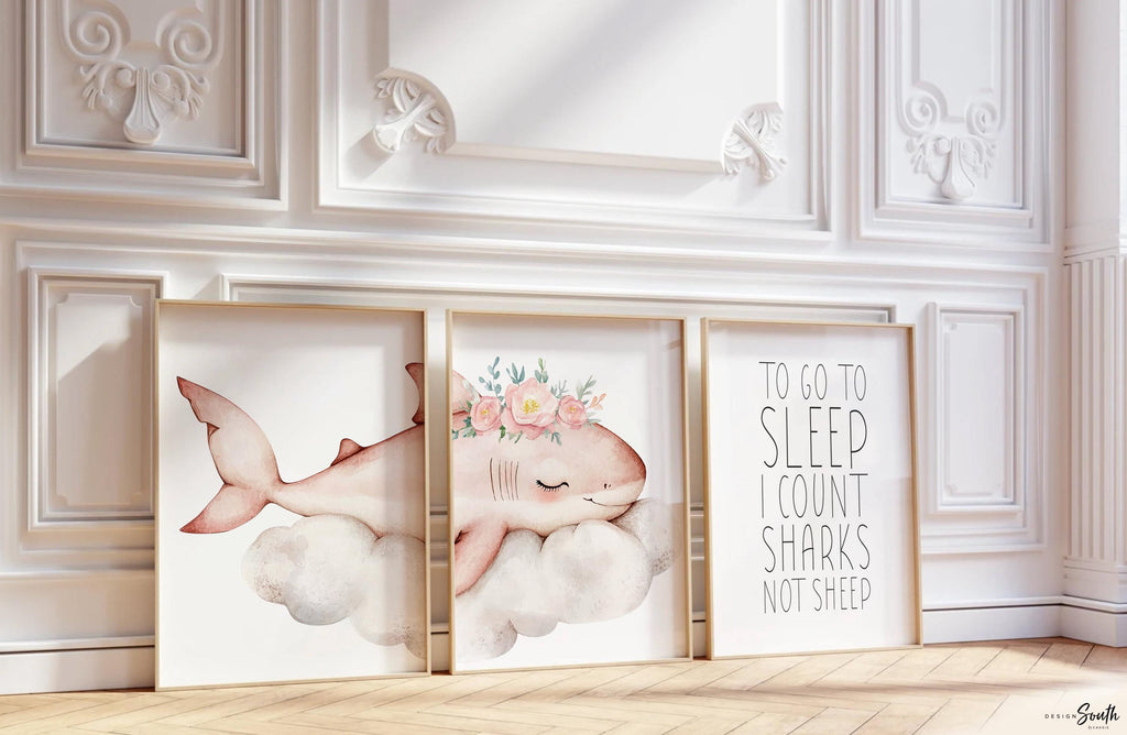 Girl Pink Shark Nursery Art Prints: Watercolor Ocean Theme, &#39;To Go To Sleep I Count Sharks Not Sheep&#39; Quote