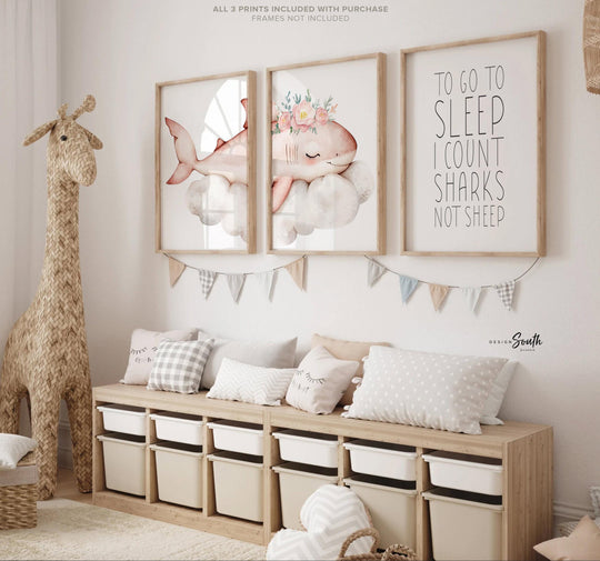 Girl Pink Shark Nursery Art Prints: Watercolor Ocean Theme, 'To Go To Sleep I Count Sharks Not Sheep' Quote