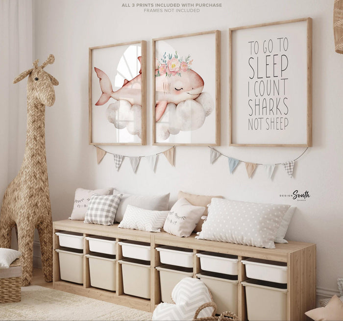Girl Pink Shark Nursery Art Prints: Watercolor Ocean Theme, 'To Go To Sleep I Count Sharks Not Sheep' Quote
