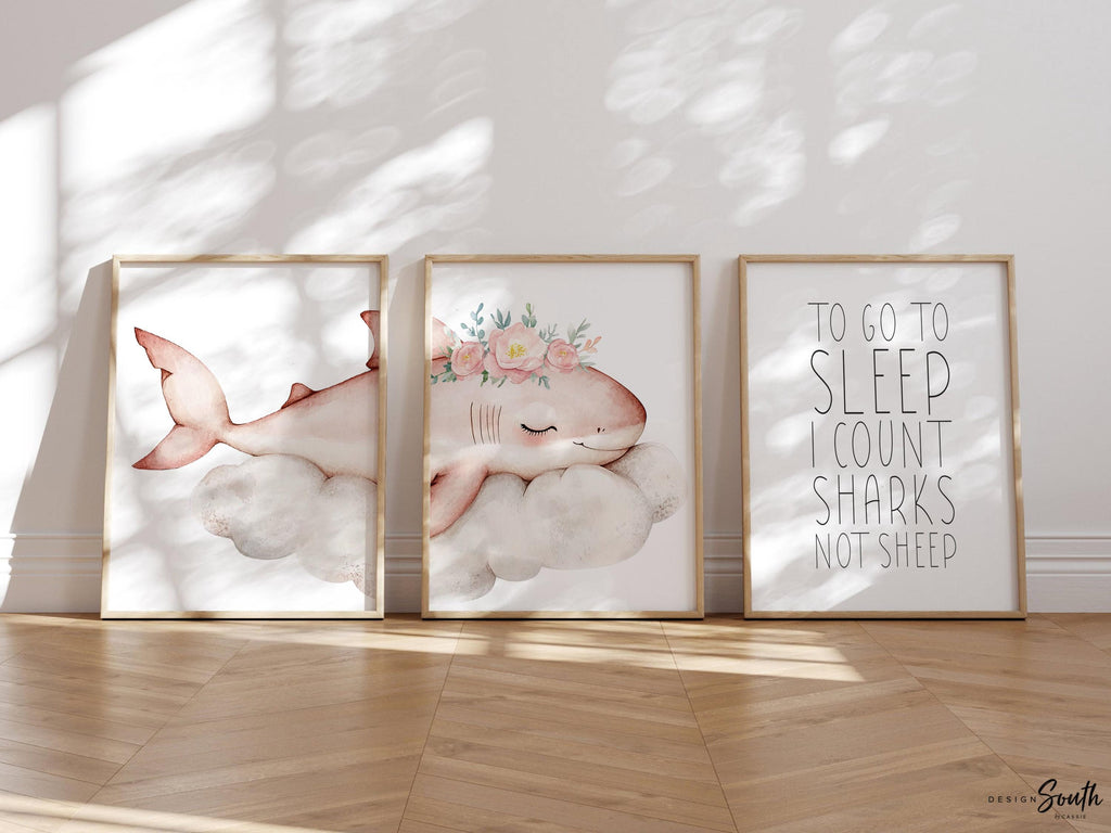 Girl Pink Shark Nursery Art Prints: Watercolor Ocean Theme, &#39;To Go To Sleep I Count Sharks Not Sheep&#39; Quote