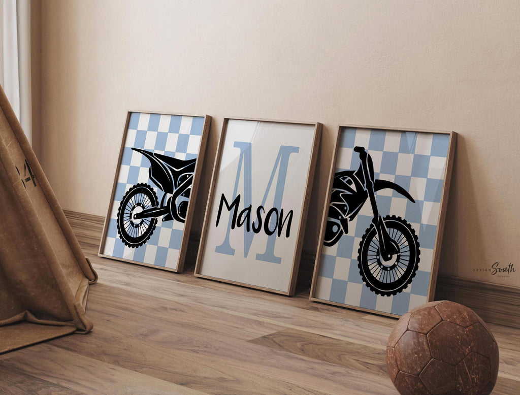 Blue dirt bike decor, personalized dirt bike gift, wall art boys room motocross, dirt bike theme bedroom or nursery, boys dirt bike prints