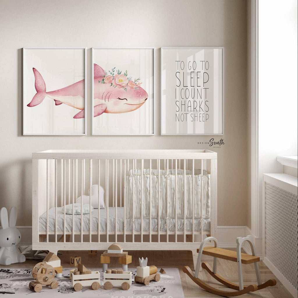 Girl Pink Shark Nursery Art Prints: Watercolor Ocean Theme, &#39;To Go To Sleep I Count Sharks Not Sheep&#39; Quote