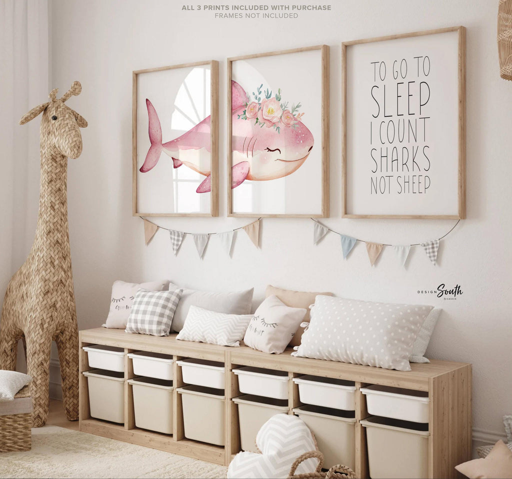 Girl Pink Shark Nursery Art Prints: Watercolor Ocean Theme, &#39;To Go To Sleep I Count Sharks Not Sheep&#39; Quote