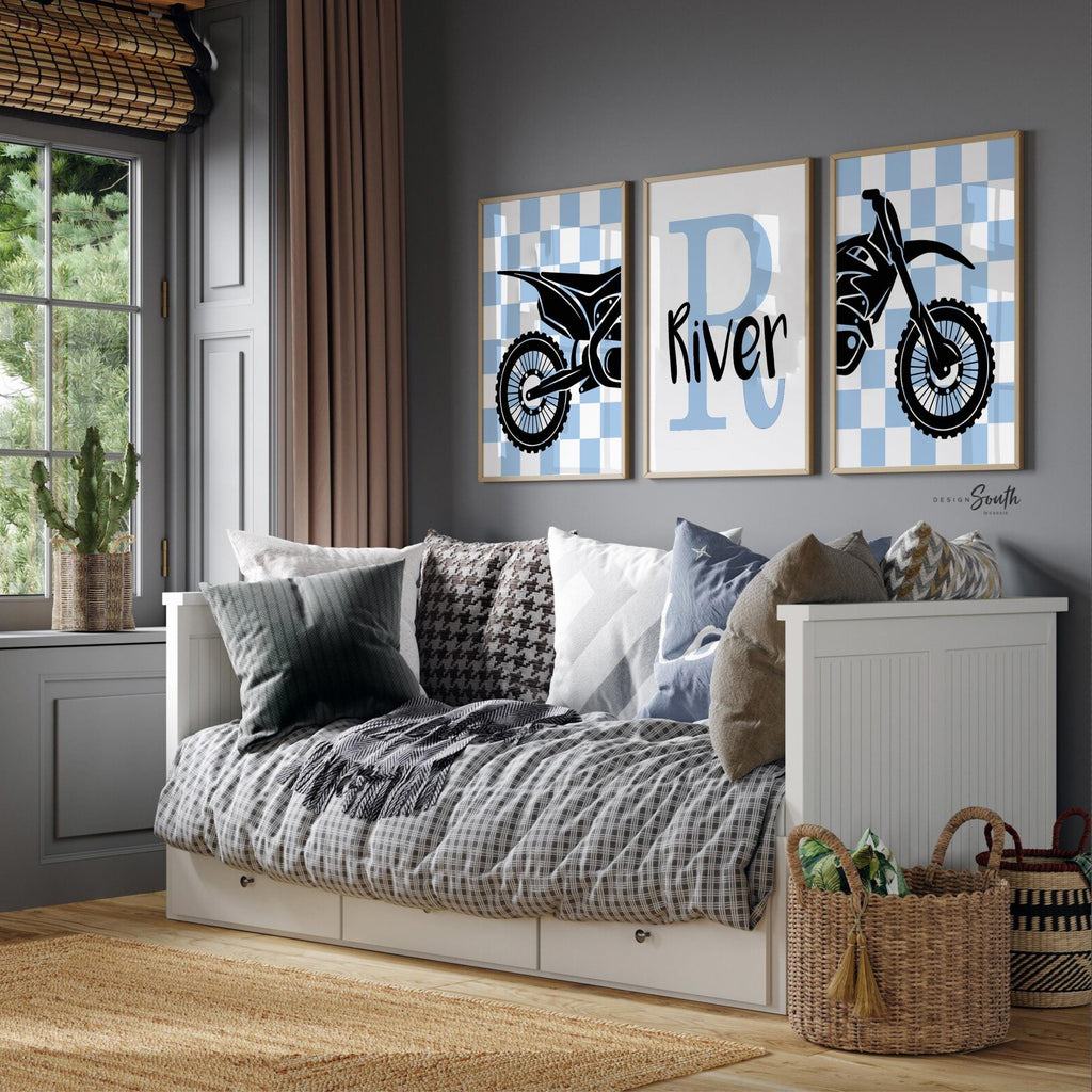 Blue dirt bike decor, personalized dirt bike gift, wall art boys room motocross, dirt bike theme bedroom or nursery, boys dirt bike prints