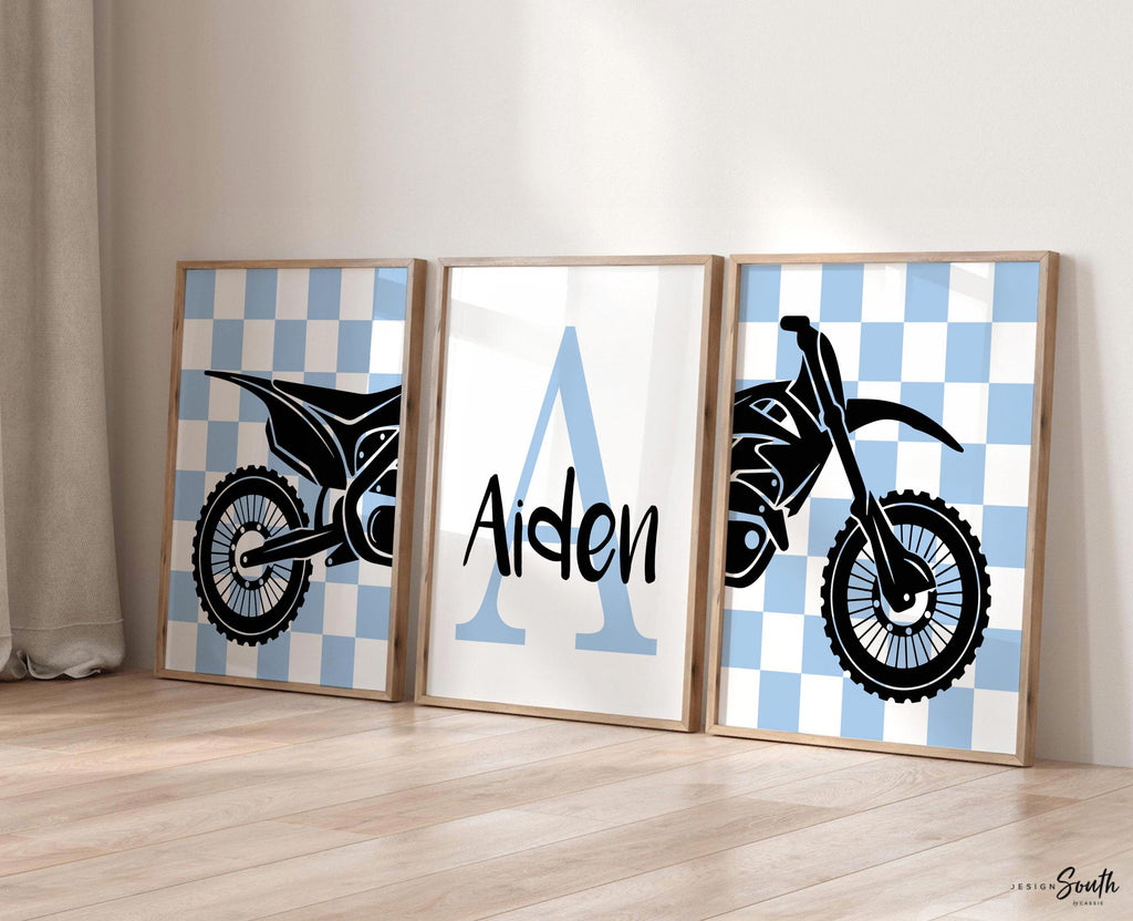 Blue dirt bike decor, personalized dirt bike gift, wall art boys room motocross, dirt bike theme bedroom or nursery, boys dirt bike prints