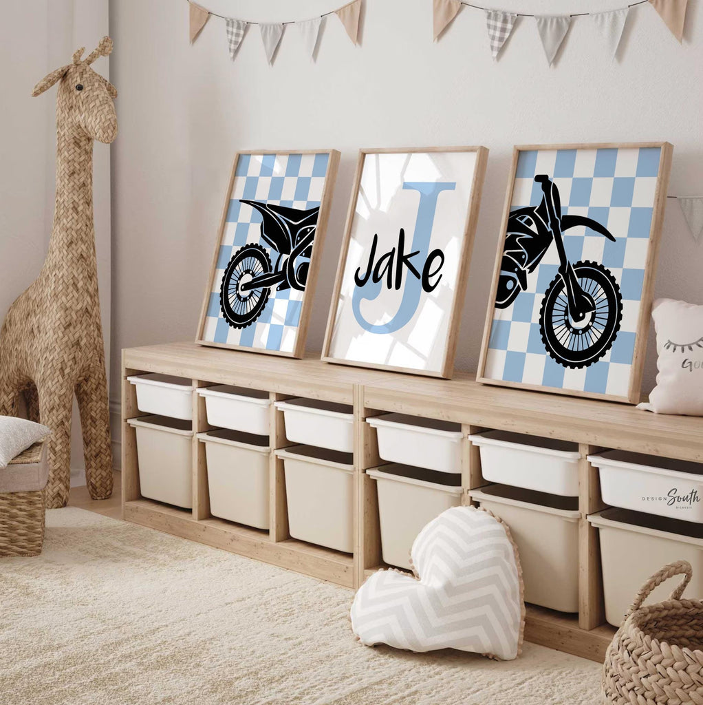 Blue dirt bike decor, personalized dirt bike gift, wall art boys room motocross, dirt bike theme bedroom or nursery, boys dirt bike prints