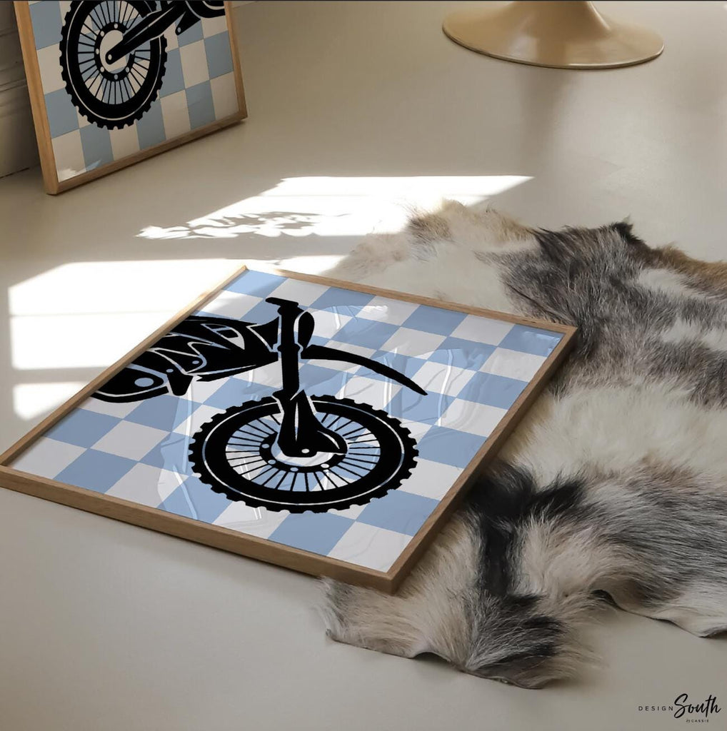 Blue dirt bike decor, personalized dirt bike gift, wall art boys room motocross, dirt bike theme bedroom or nursery, boys dirt bike prints