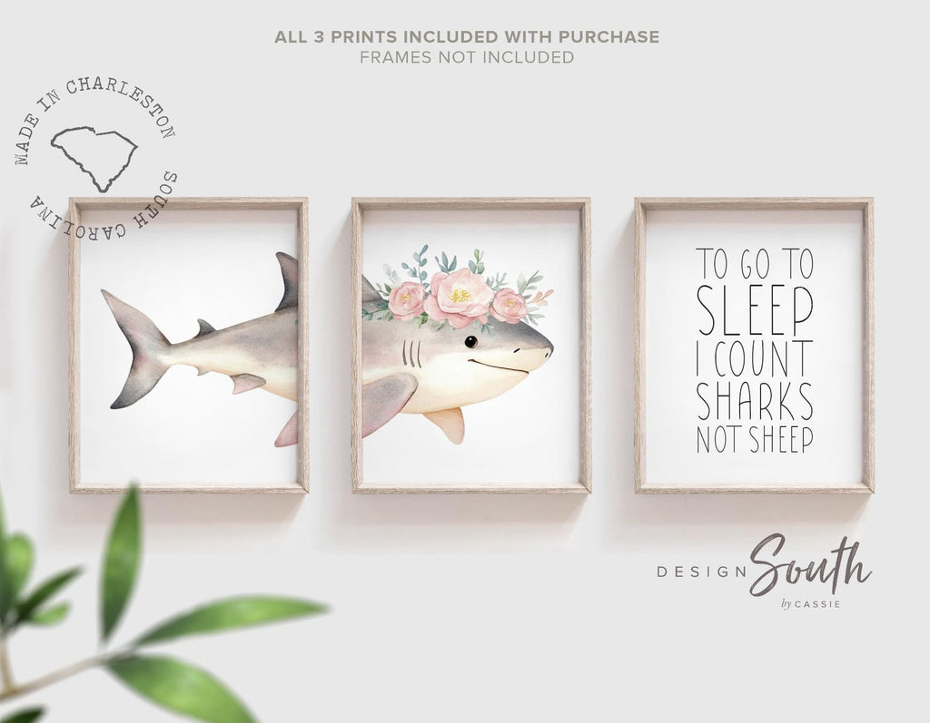 Whimsical Pink Shark Nursery Wall Art: Ocean-Inspired Prints with Bedtime Quote for Girls Room