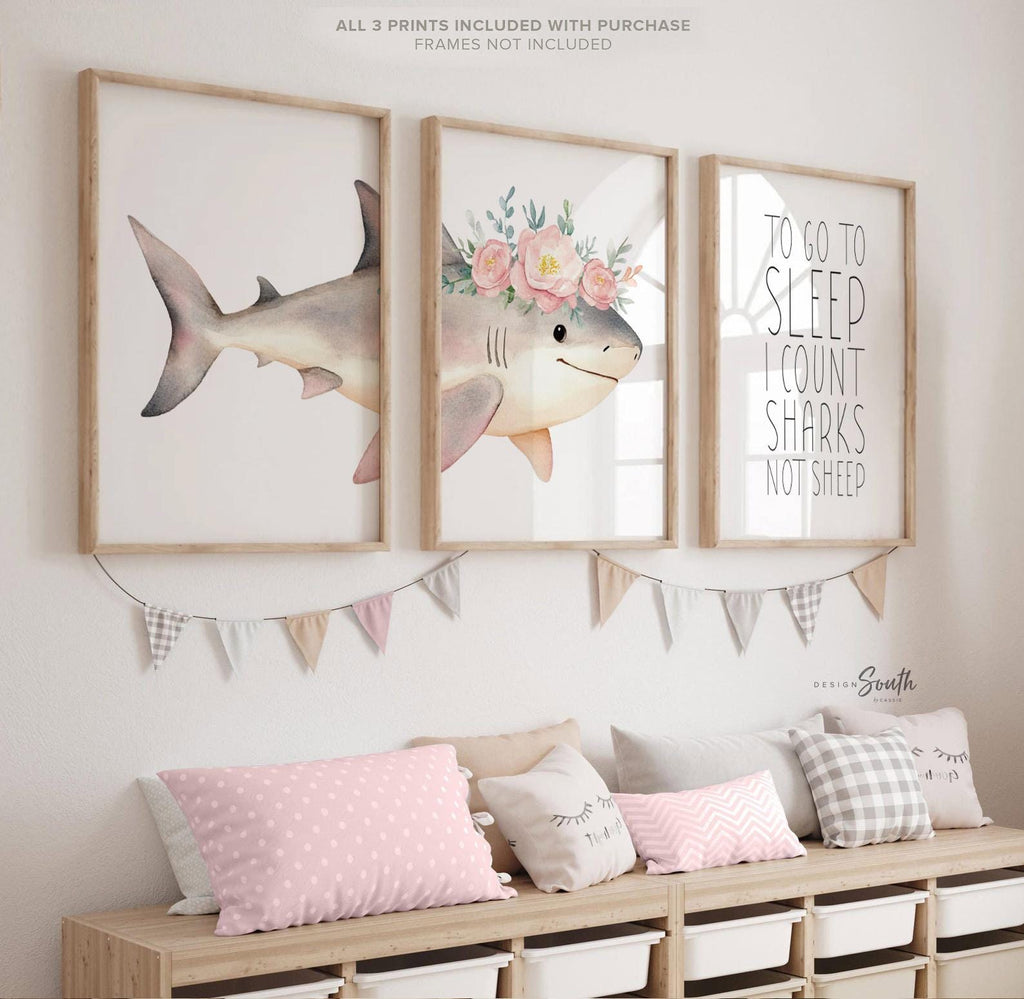 Whimsical Pink Shark Nursery Wall Art: Ocean-Inspired Prints with Bedtime Quote for Girls Room