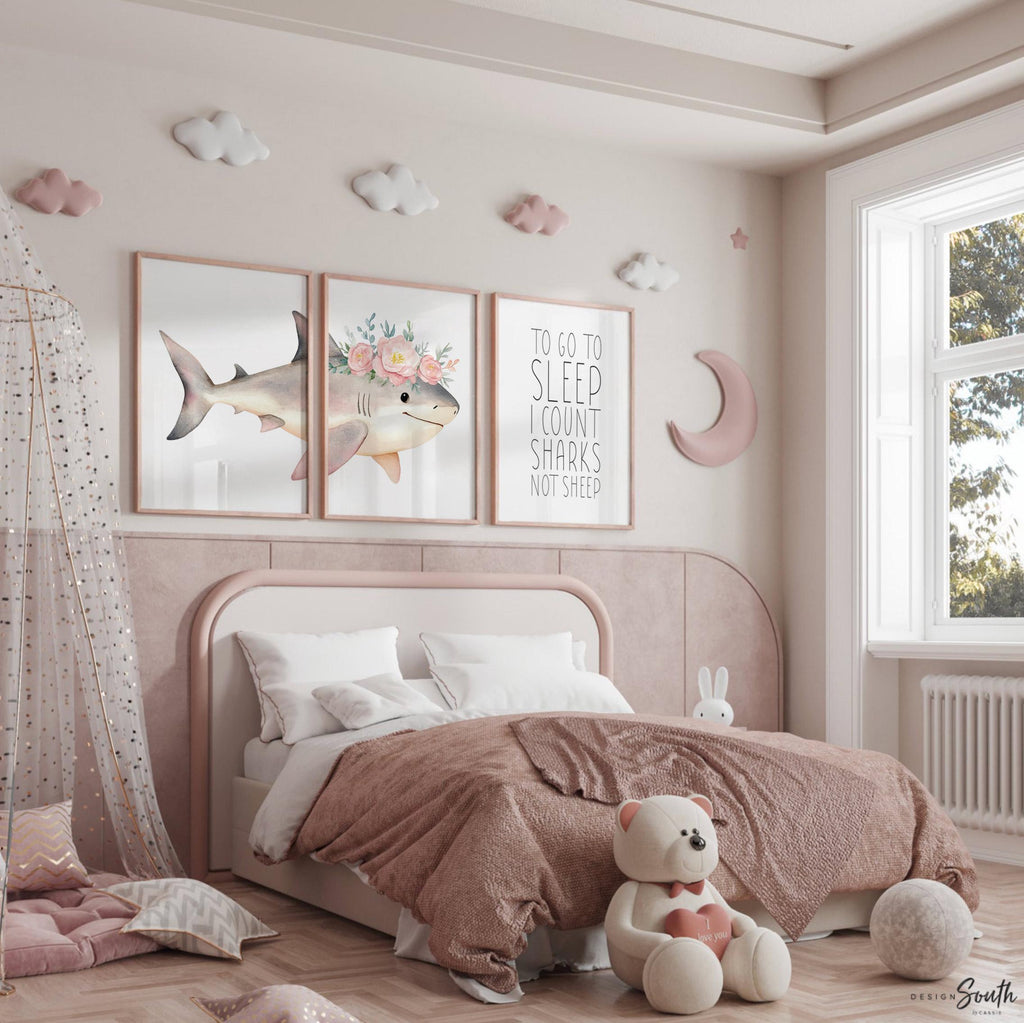 Whimsical Pink Shark Nursery Wall Art: Ocean-Inspired Prints with Bedtime Quote for Girls Room