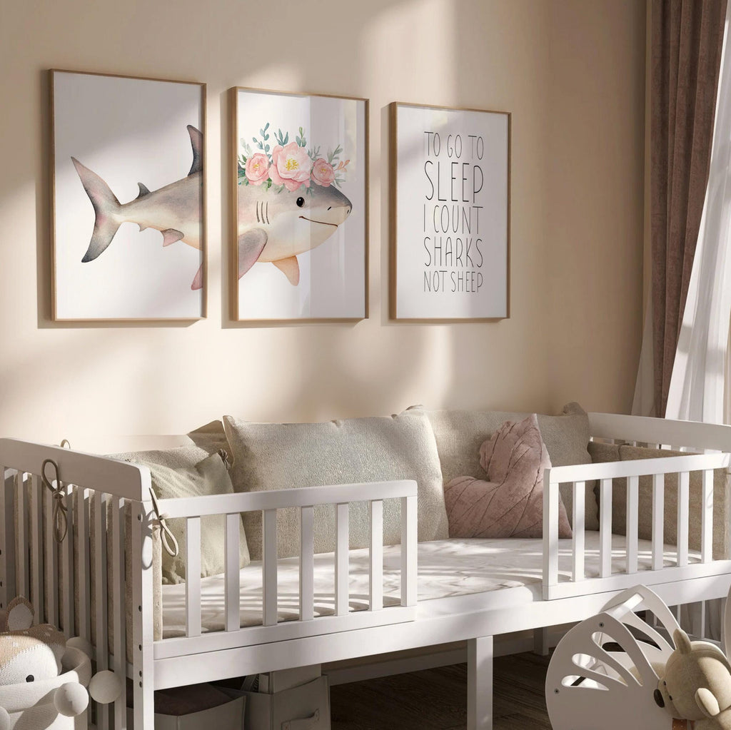 Whimsical Pink Shark Nursery Wall Art: Ocean-Inspired Prints with Bedtime Quote for Girls Room