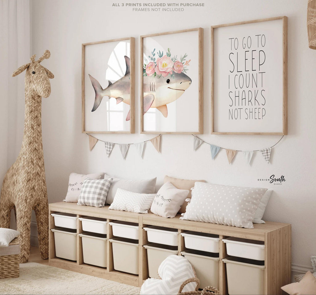Whimsical Pink Shark Nursery Wall Art: Ocean-Inspired Prints with Bedtime Quote for Girls Room