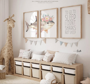 Whimsical Pink Shark Nursery Wall Art: Ocean-Inspired Prints with Bedtime Quote for Girls Room