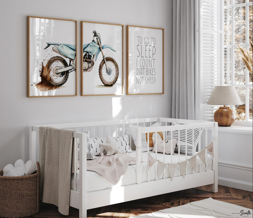 Dirt bike wall art set of 3, motocross dyptich dirt splatters, to go to sleep I count dirt bikes not sheep, motocross nursery playroom gift