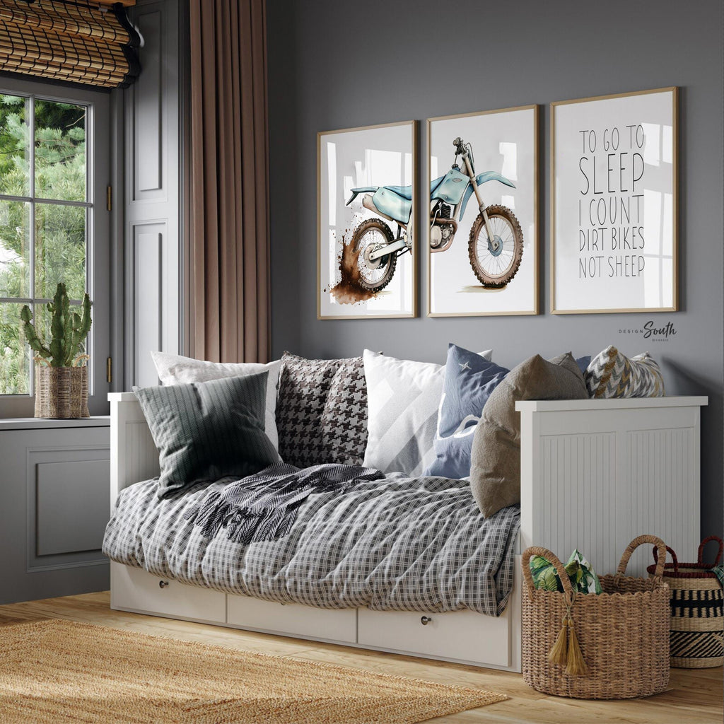 Dirt bike wall art set of 3, motocross dyptich dirt splatters, to go to sleep I count dirt bikes not sheep, motocross nursery playroom gift