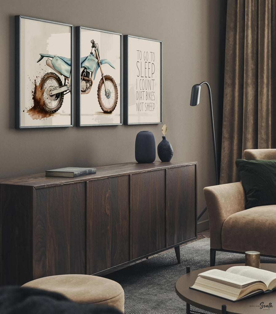 Dirt bike wall art set of 3, motocross dyptich dirt splatters, to go to sleep I count dirt bikes not sheep, motocross nursery playroom gift