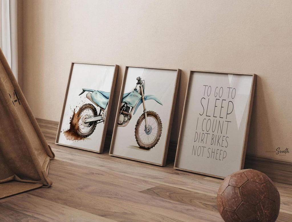 Dirt bike wall art set of 3, motocross dyptich dirt splatters, to go to sleep I count dirt bikes not sheep, motocross nursery playroom gift