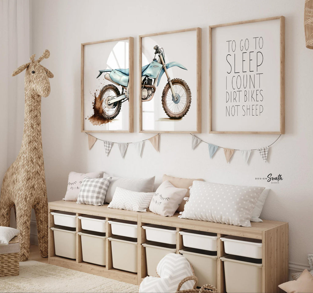 Dirt bike wall art set of 3, motocross dyptich dirt splatters, to go to sleep I count dirt bikes not sheep, motocross nursery playroom gift