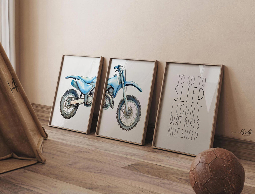 Dirt bike wall art set of 3, watercolor motocross prints with quote ‘To go to sleep I count dirt bikes not sheep, motocross wall art boys