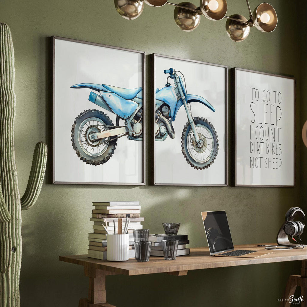 Dirt bike wall art set of 3, watercolor motocross prints with quote ‘To go to sleep I count dirt bikes not sheep, motocross wall art boys