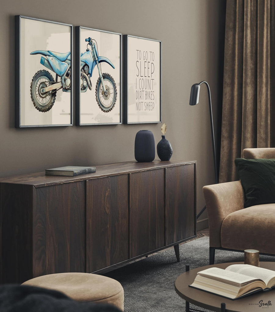 Dirt bike wall art set of 3, watercolor motocross prints with quote ‘To go to sleep I count dirt bikes not sheep, motocross wall art boys