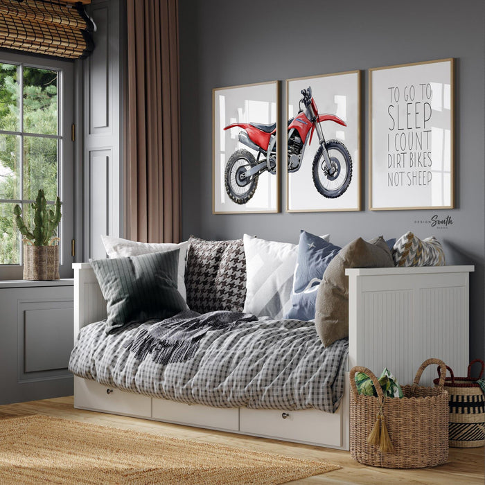 Red dirt bike wall art set of 3, watercolor motocross prints with quote ‘To go to sleep I count dirt bikes not sheep,’ boys room decor